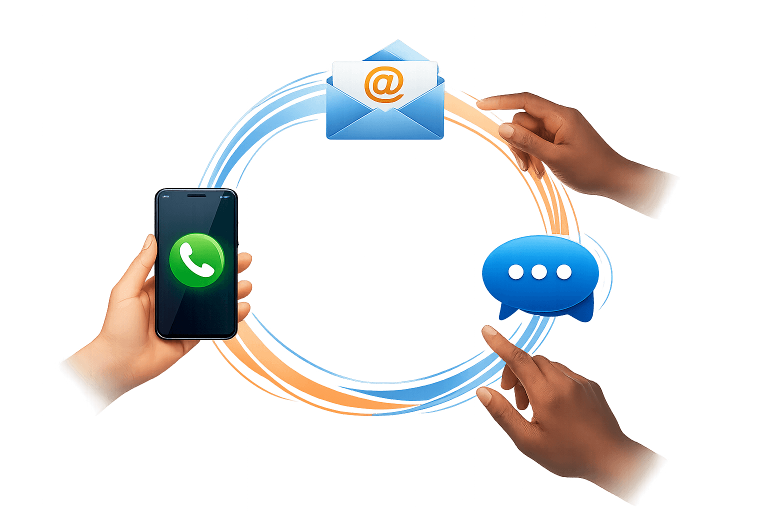 Contact methods illustration showing phone, email, and chat support for medical alert services