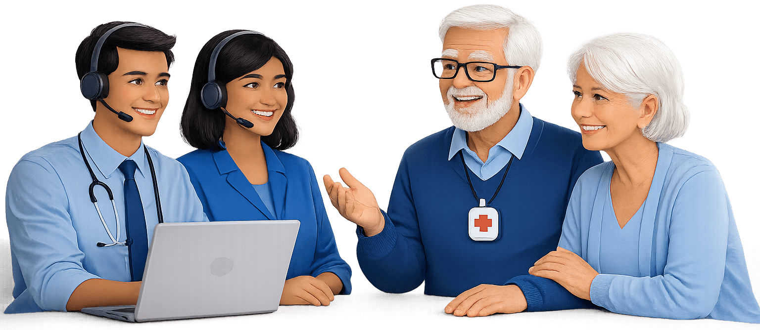 Customer service representative assisting senior with medical alert device selection