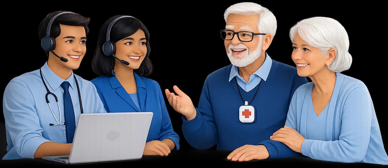 Customer service representative assisting senior with medical alert device selection