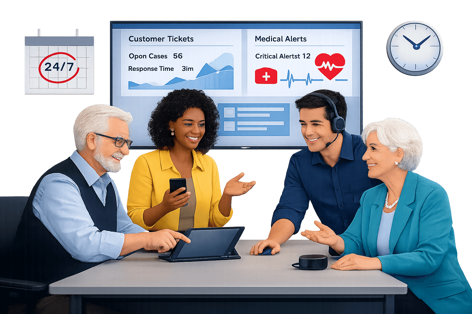 Medical alert support team collaborating to assist customers