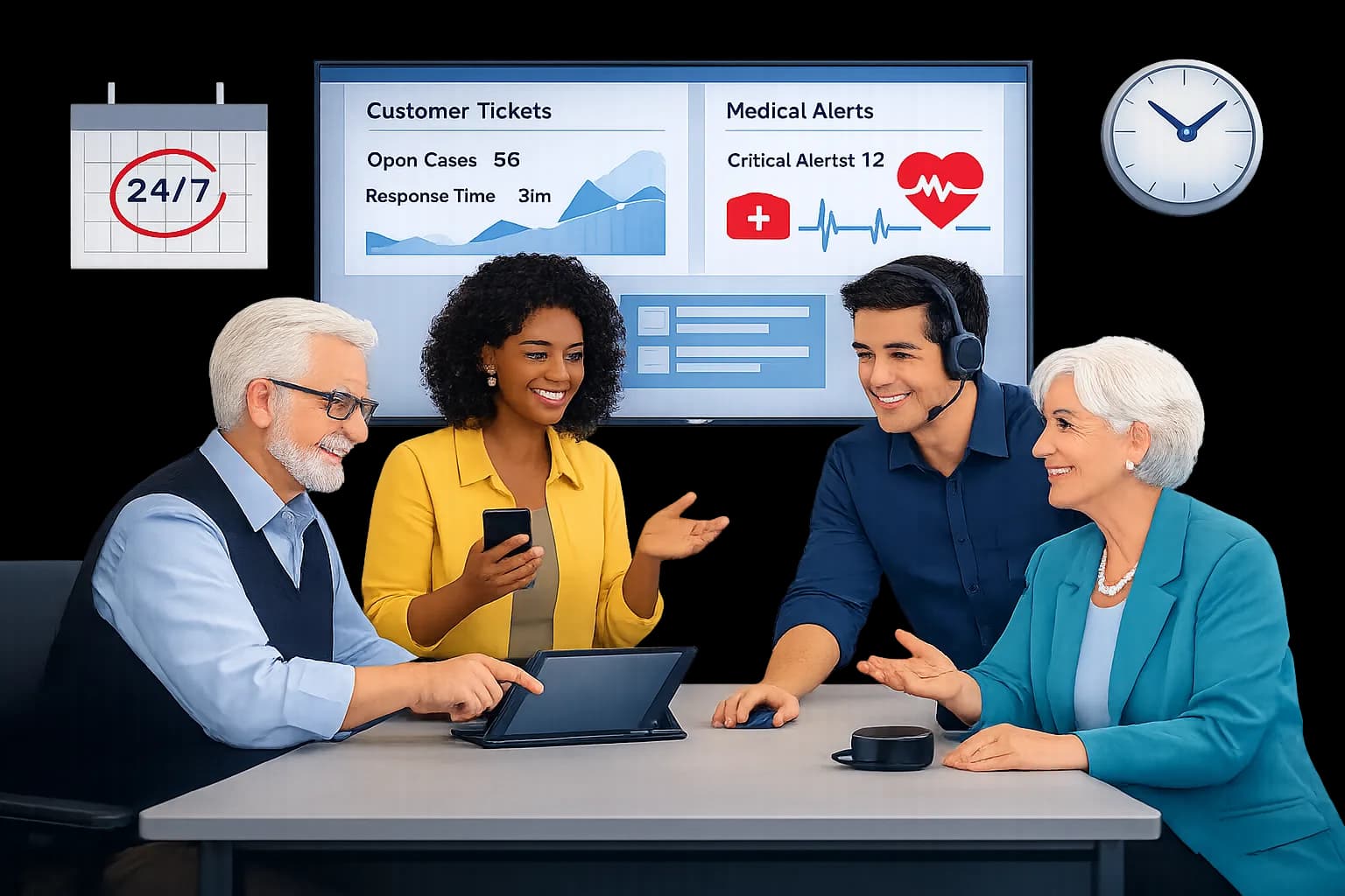 Medical alert support team collaborating to assist customers