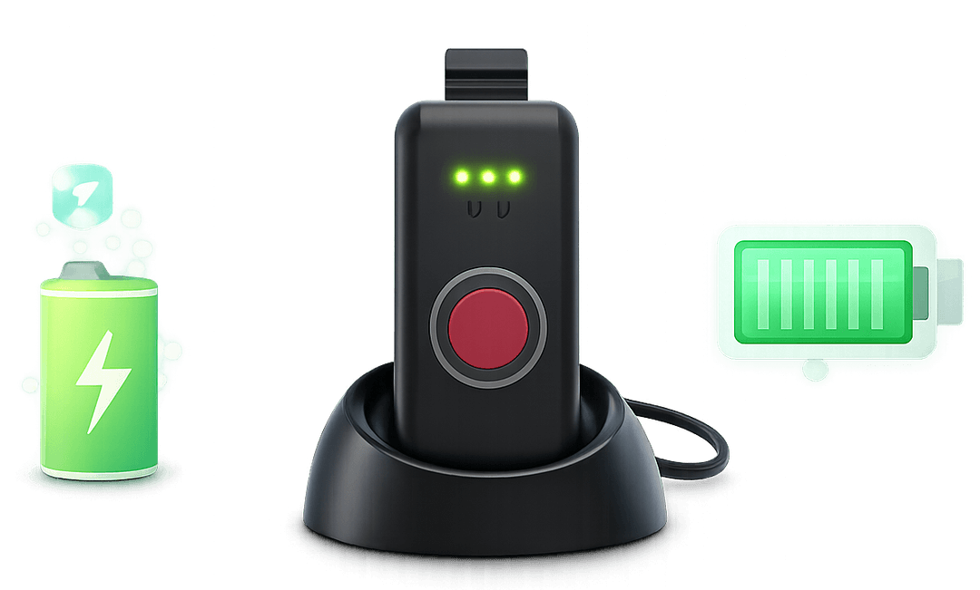 Belle X2 medical alert device placed on charging cradle with LED indicator showing charging status