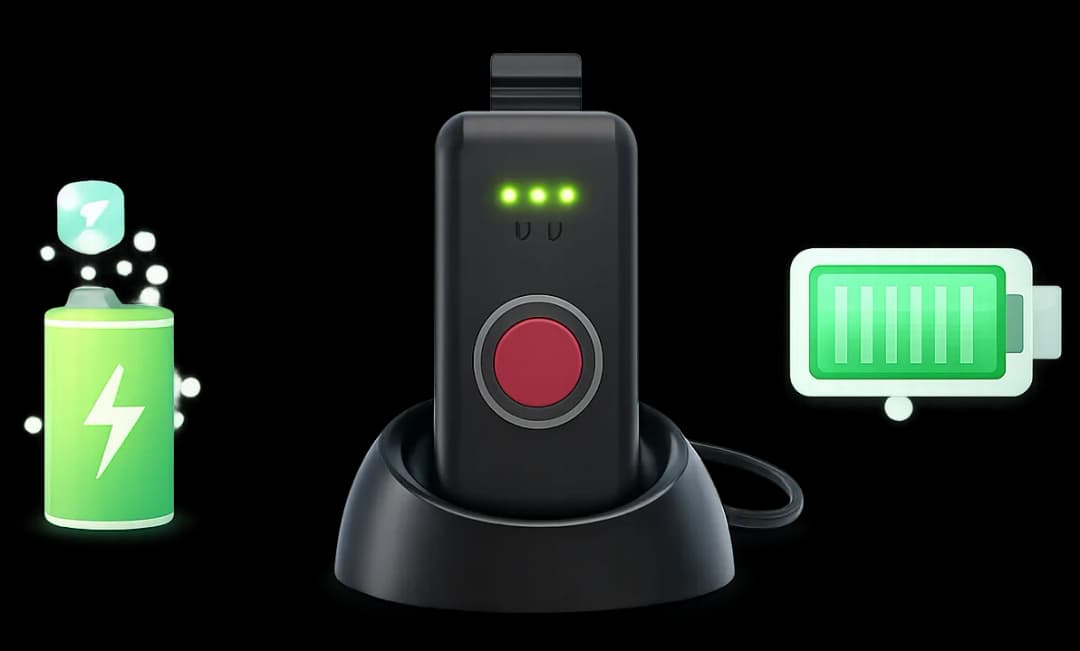 Belle X2 medical alert device placed on charging cradle with LED indicator showing charging status