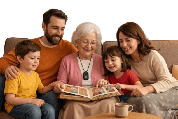 Family supporting senior with medical alert device – peace of mind for caregivers