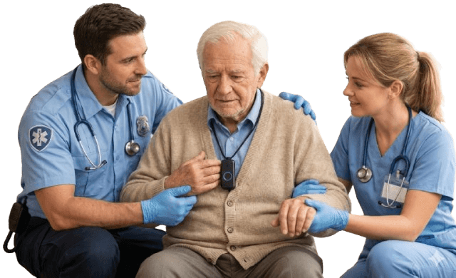Medical alert professional assisting senior with a medical alert device – compassionate care