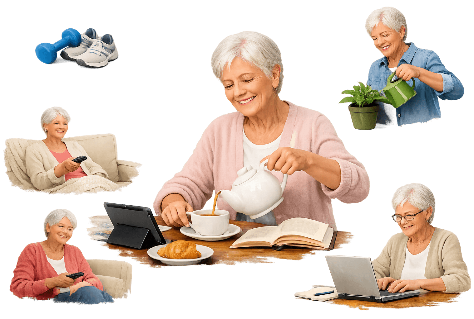 Senior enjoying daily activities while wearing a medical alert device – independent living with safety